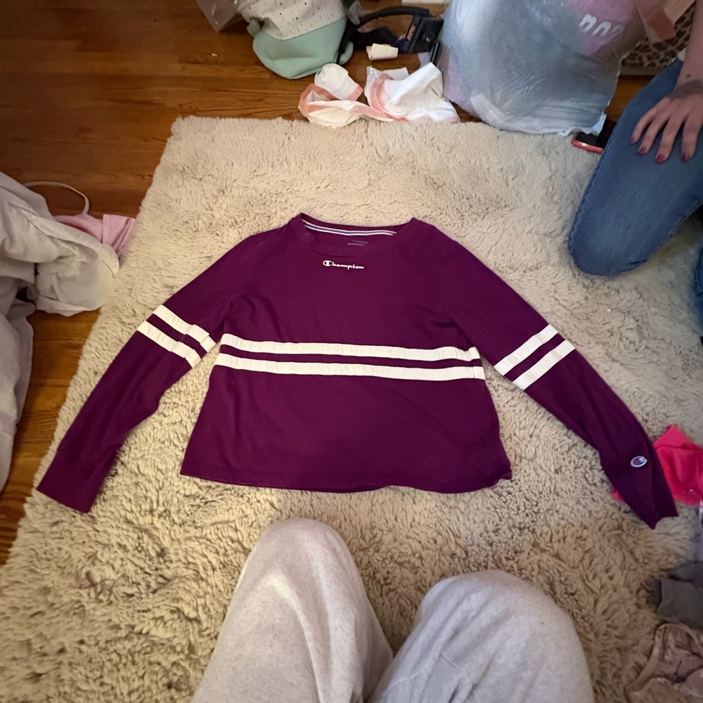 Champion Women's Long Sleeve Tee in Deep Purple and White